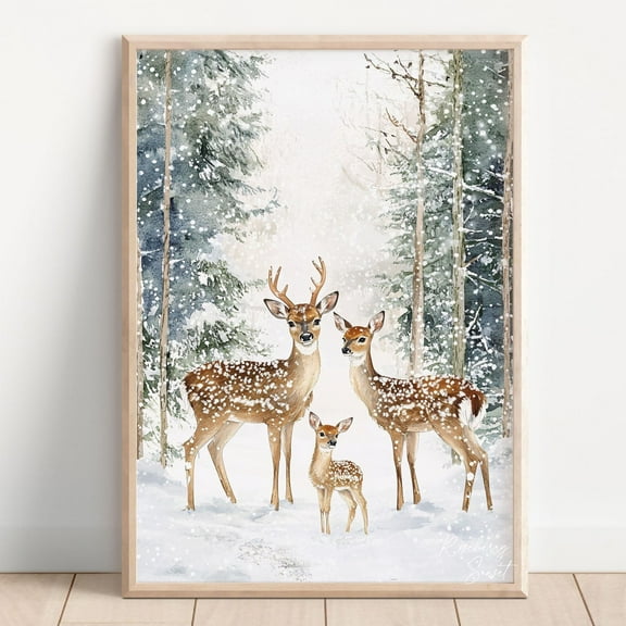 Zuno Deer Family Snowy Pine Trees Winter Landscape Art Print Family Of 3 Christmas Winter Pine Tree Printable Art - Wall Art Print, 8x12 UNFRAMED