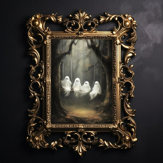 Zuno Four Cute Ghosts On A Swing In Fall Woods Print, Dark Academia, Victorian Gothic Spooky Decor, Horror Vintage Creepy Goth Wall Art - Wall Art Print, 12x18 UNFRAMED