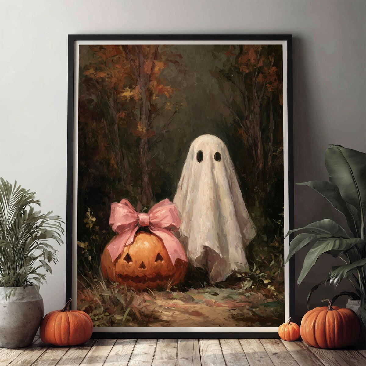 Zuno Ghost Halloween Art Print, Cute Pink Bow Pumpkin Wall Decor ...
