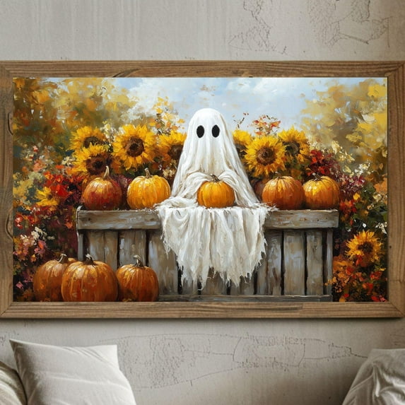 Zuno Ghost , Pumpkin Ghost Wall Art, Rustic Fall Sunflower Farmhouse Decor, Cozy Autumn Harvest Printable, Cottagecore Halloween Poster- Wall Art Print, 8x12 UNFRAMED