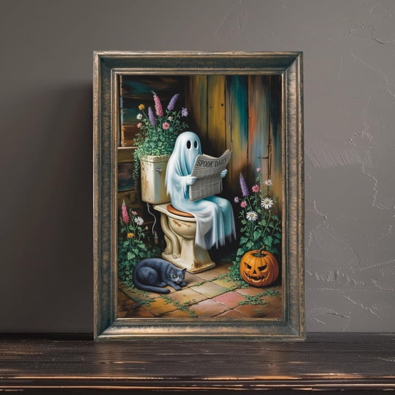 Zuno Ghost Reading Newspaper In The Toilet Poster, Black Cat With Pumpkin Print, Spooky Ghost Wall Art, Ghost In Bathroom, - Wall Art Print, 8x12 UNFRAMED