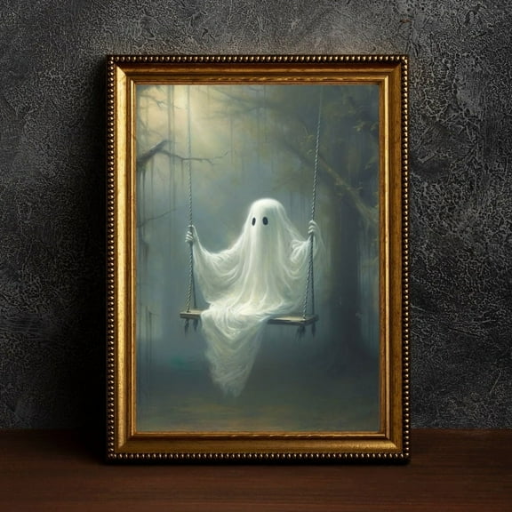 Zuno Ghost On The Swing Poster, Sheeted Ghost Art Print, Cute Little Ghost Face Spooky Gothic Printable, Abandoned Art, Dark Academia Room Decor- Wall Art Print, 16x24 UNFRAMED