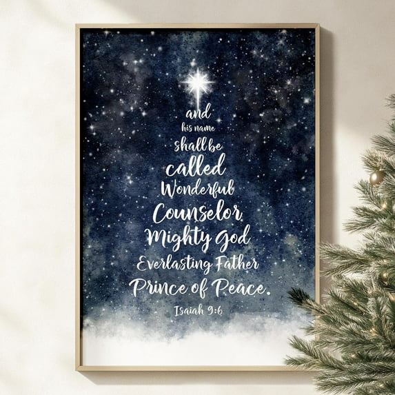 Zuno Isaiah 9:6 Christmas Bible Verse Printable Wall Art, Modern Christian Indigo Blue Star Of Bethlehem Artwork Poster Print Or Card- Wall Art Print, 16x24 UNFRAMED