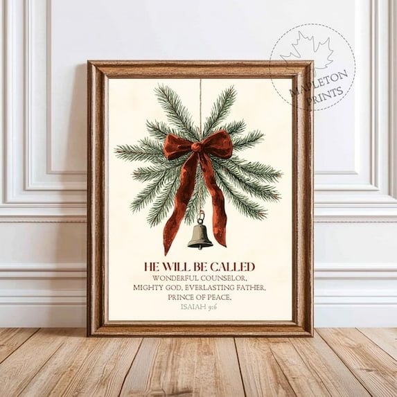 Zuno Isaiah 9:6 Print, Christmas Bible Verse Wall Art, Christmas Scripture Print, Jingle Bells Card, He Will Be Called, Christmas Quote Print- Wall Art Print, 8x12 UNFRAMED
