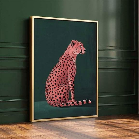 Zuno Pink Cheetah on Green Art Print, Emerald Green Modern Art, Animal Art Print, Contemporary Art for Maximalist Style Home, Dark Green Wall Art, 8x12 UNFRAMED