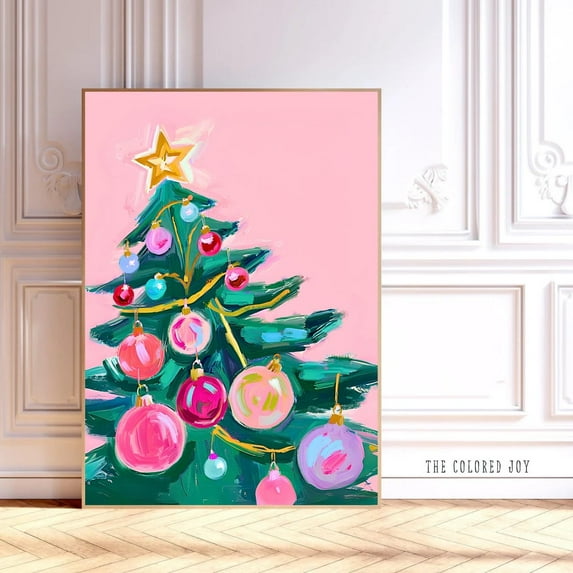 Zuno Pink Coquette Christmas Tree Wall Art, Eclectic Holiday Mantel Decor, Colorful Modern Christmas Tree Poster, Dopamine Decor- Wall Art Print, 16x24 UNFRAMED