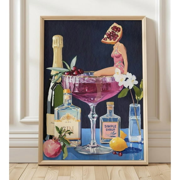 Zuno Pomegranate Cocktail Retro Bar Poster - Vintage French 75 Martini Wall Art for Home Kitchen Decor, 24x36 UNFRAMED