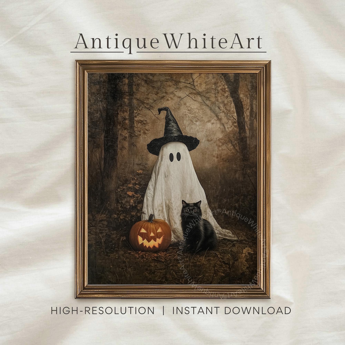 Zuno Printable Vintage Halloween Print, Cute Ghost & Black Cat In Dark ...