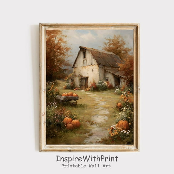 Zuno Pumpkin Barn Wall Art, Vintage Fall Barn Print, Rustic Fall Farmhouse Printable Autumn Cottagecore Art, Neutral Countryside Pumpkin - Wall Art Print, 8x12 UNFRAMED