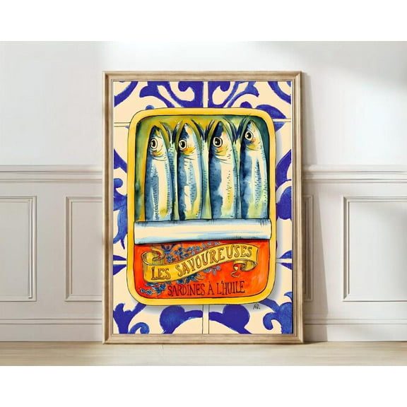 Zuno Sardines Print Sardine Tin Vintage Poster Retro Sardine Wall Art Fish Print Eclectic Wall Art Colorful Kitchen Art Maximalist Poster, 24x36 UNFRAMED