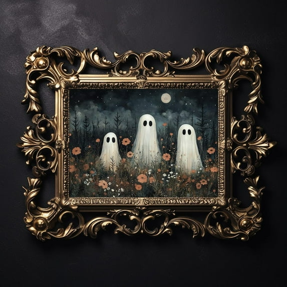 Zuno Three Ghosts In Field With Flower, Dark Academia, Cottagecore Spooky Decor, Halloween Vintage Poster, Gothic , Haunting Ghost- Wall Art Print, 24x36 UNFRAMED