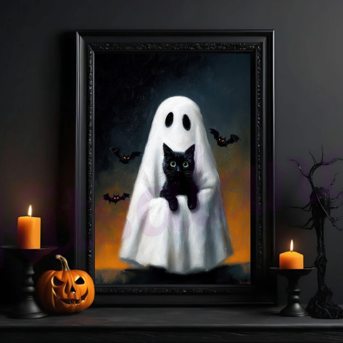 Zuno Vintage Ghost & Black Cat Halloween Wall Art Print, Black Cat ...