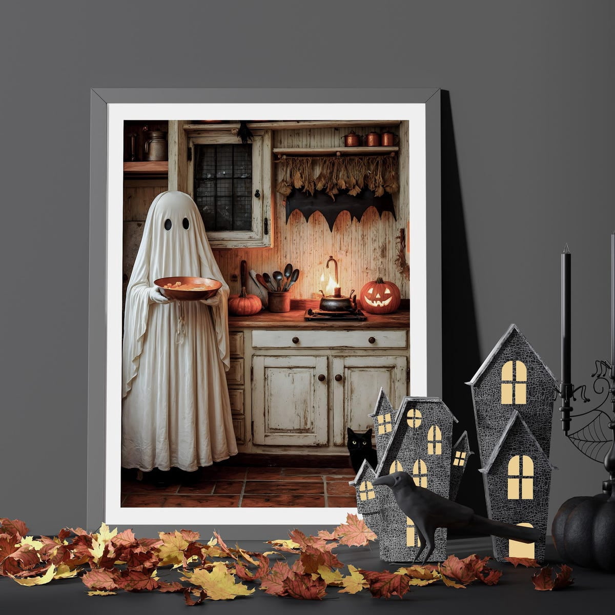 Zuno Vintage Ghost In Kitchen Halloween Wall Art Print Spooky Black Cat ...