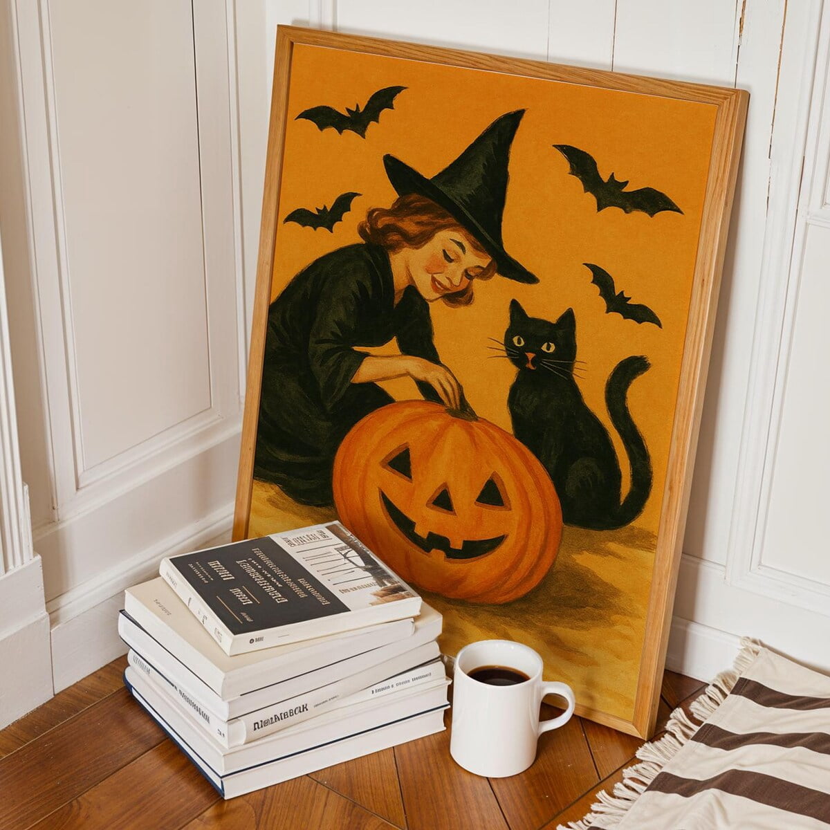 Zuno Vintage Halloween Poster, Retro Witch Wall Art Black Cat & Jack-O ...
