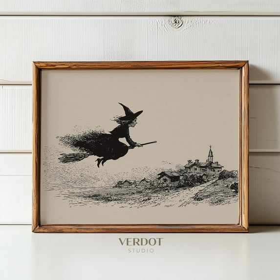 Zuno Vintage Halloween Witch Print, Halloween Decor, Printable Wall Art, Neutral Flying Witch Over Town Drawing Fall Autumn Poster - Wall Art Print, 12x18 UNFRAMED