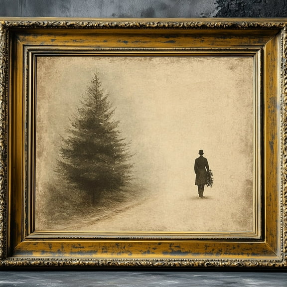 Zuno Vintage Man Carrying Christmas Tree Home Print, Dark Moody Christmas Art, Rustic Christmas Decor, Farmhouse Wall Art, Dark Aesthetic Decor- Wall Art Print, 8x12 UNFRAMED