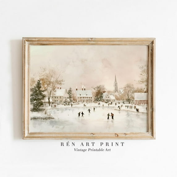Zuno Vintage Winter Wall Art Neutral Christmas Printable Art Ice Skating Print Winter Cityscape Antique Holiday Decoration- Wall Art Print, 16x24 UNFRAMED