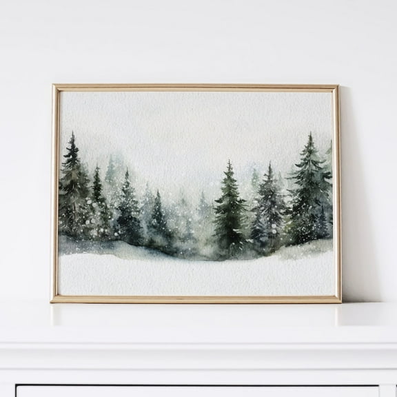 Zuno Winter Forest Christmas Print, Printable Wall Art, Christmas Decor, Snowy Winter Landscape Evergreen Trees - Wall Art Print, 8x12 UNFRAMED
