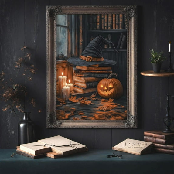 Zuno Witch Hat Book Stack Pumpkin Art Print Halloween Vintage Wall Decor With Old Books And Candles Witchy Spells Poster - Wall Art Print, 12x18 UNFRAMED