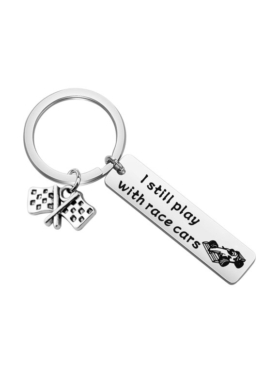Racing Car Keychain Race Car Driver Key Ring Racing Enthusiast I Still Play With Race Cars Racing Flag Charm Jewelry (I still play with race cars)