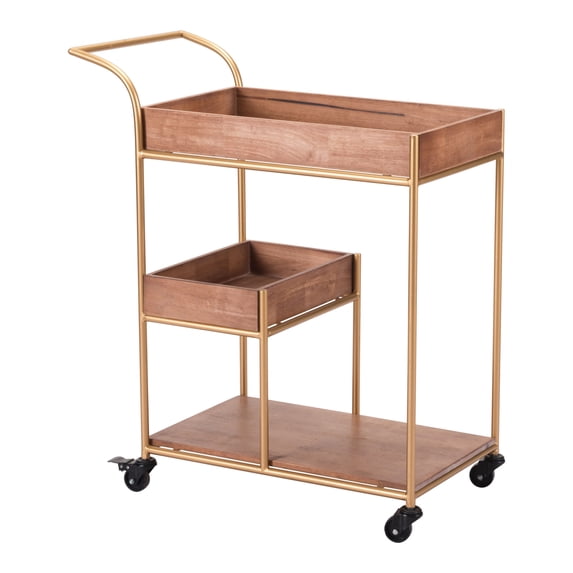 Brown Gold Bar Cart With Removable Serving Tray