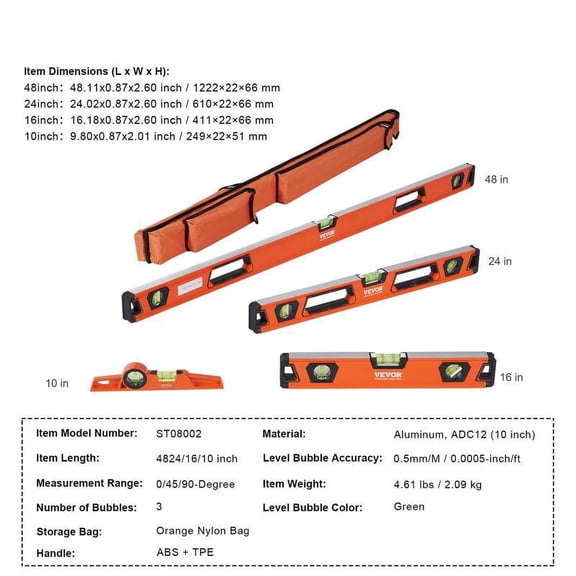  ZuoZuoMing Magnetic Torpedo Level,78/48/32/24/16/10 in Mechanical Level Set, Bubble Vials Ruler for 45/90/180 Degree, Aluminum Alloy Leveler Tool w/ Viewing Window, Shock-Resistant for Plumbing,Wood
