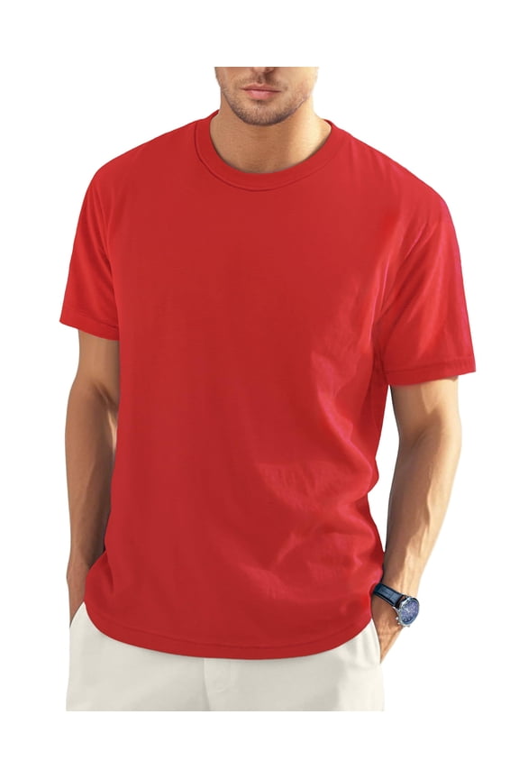 Men's Cotton Crewneck T-Shirts Short Sleeve Plain Tee Moisture Wicking Casual Tshirts Solid Color-Red
