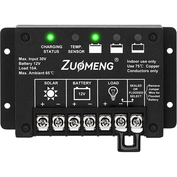 Zuomeng 10A PWM Solar Charge Controller for 12V Lead-Acid Battery to Extend Battery Life, with Explosion-Proof Metal Housing, IP68, 4-Stage Charging, LVD, Temp Compensation, for Harsh Industrial Use