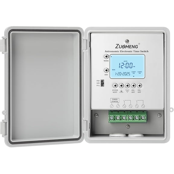 Zuomeng 2-Circuit 30Amp Astronomic Electronic Time Switch, Automated Weekly Scheduling, to-The-Minute Programming, Built-in Rechargeable Lithium Battery, IP65 Waterproof, Supports 120-277 VAC
