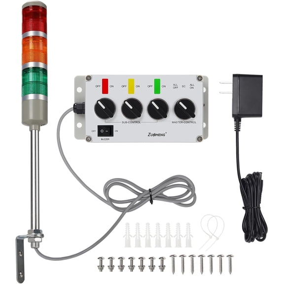 Zuomeng 3‑Stack LED Andon Tower Light, Red/Amber/Green, Plug‑in, 6ft Cord, IP65, 85dB Buzzer, for Factory Alarms, 1 Pack