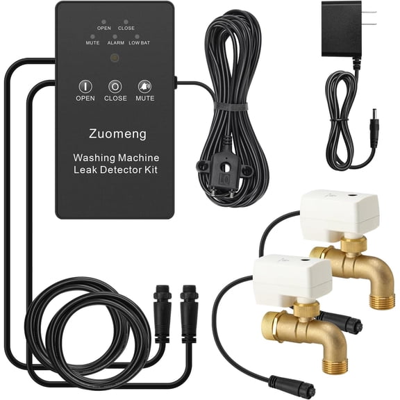 Zuomeng Washing Machine Water Leak Detector Kit with Dual Power Supply, Precise Sensor, Automatic Shut-Off Hot & Cold Valves 3/4" 90° , Alarm Sound and Alarm Light