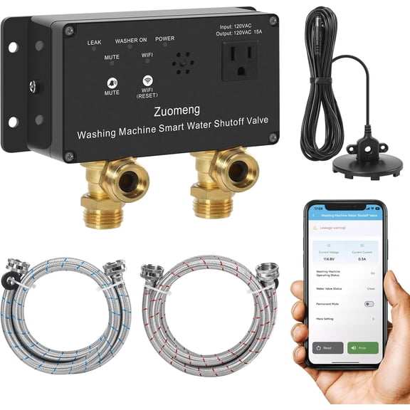 Zuomeng WiFi Smart Water Shutoff Valve with Leak Sensor, 3/4" Brass Valve & Extra Hose, Effortless Remote Control and Real-Time Water Leak Alerts via App