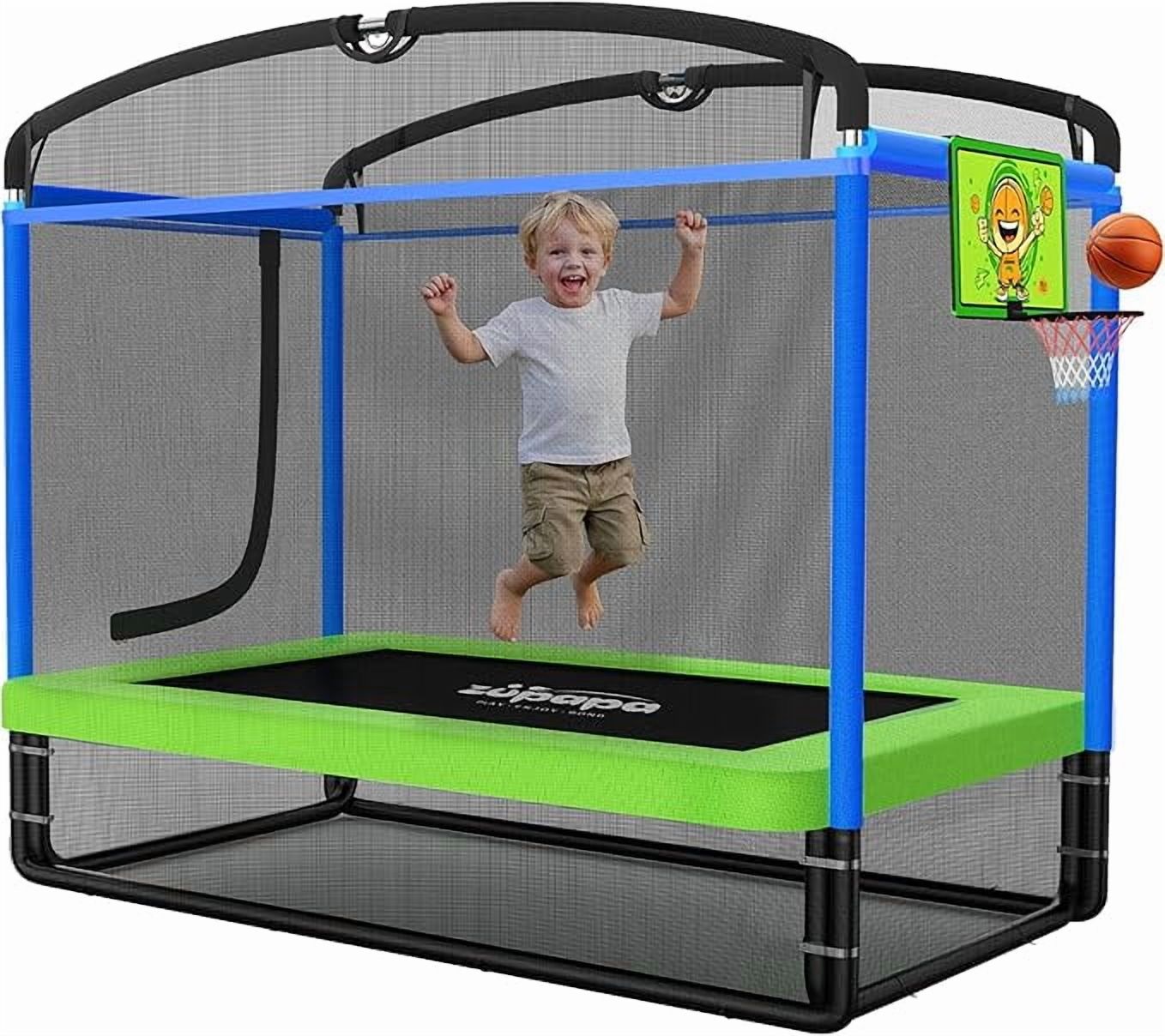 Zupapa Rectangle Kids Trampoline 6FT with Basketball Hoop, and Safety Net Square Trampoline for Toddlers Ages 3-6, 220LBS Capacity