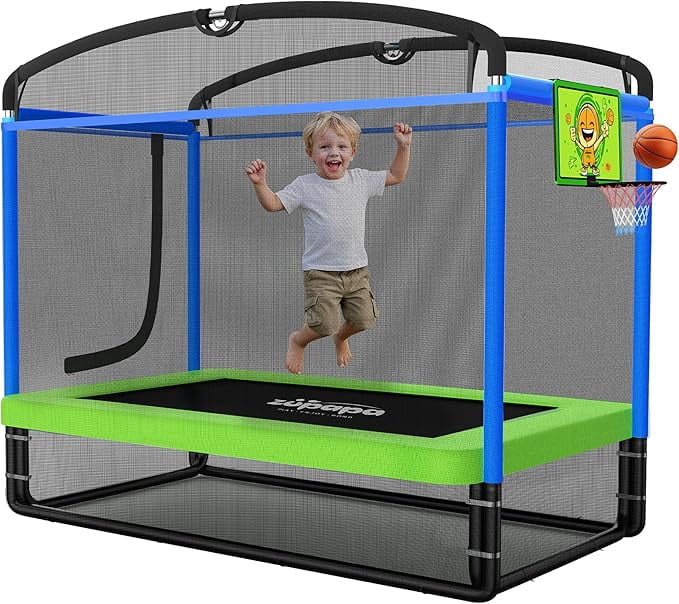 Zupapa 5 in 1 Rectangle Kids Trampoline 6FT with Basketball Hoop, and Safety Net Square Trampoline for Toddlers Ages 3-6, 220LBS Capacity
