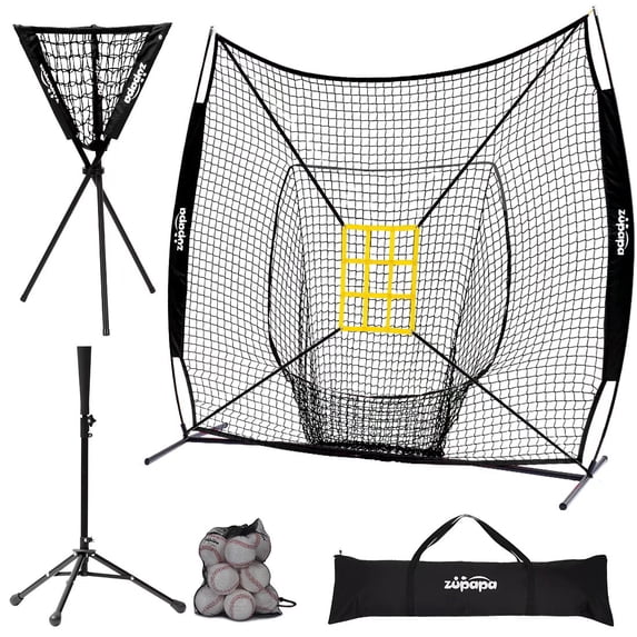 Zupapa 7'x7' DLX Baseball Softball Practice Net Tee Caddy 12 Pack Baseballs