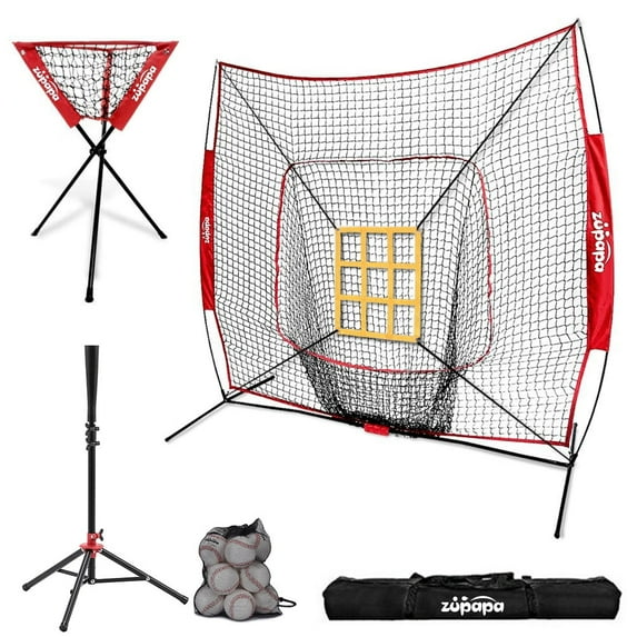 Zupapa 7'x7' DLX Baseball Softball Practice Net Tee Caddy 12 Pack Baseballs