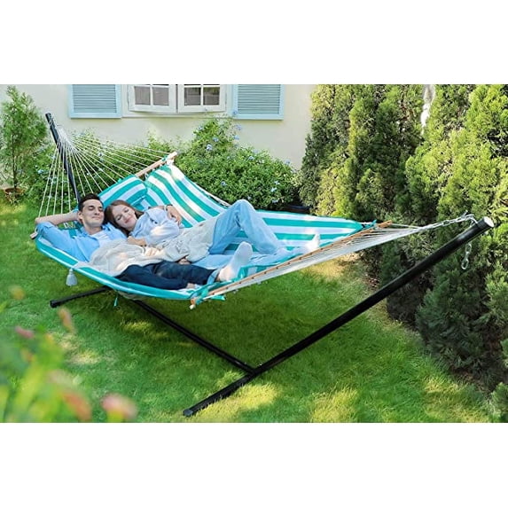 Zupapa Double Outdoor Hammock with Stand, 2 Persons Cotton Rope Hammock with Polyester Pad and Pillow for Backyard Porch Patio Garden