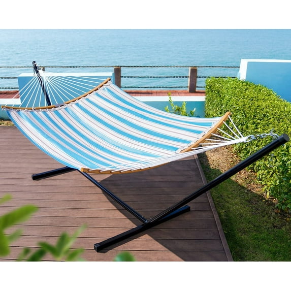 Zupapa Quick Dry Hammock with Stand,12 Feet Hammock Stand with Curved Spreader Bar for Outdoor Backyard, 2 Persons Use 450 lbs Capacity