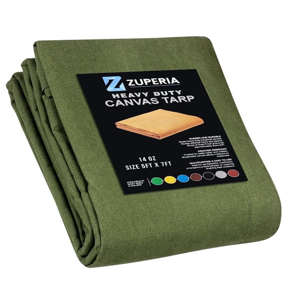 Zuperia Canvas Tarp 5x7 ft, Heavy Duty Multipurpose Tarpaulin with Rustproof Grommets, UV & Tear Resistant, Outdoor Cover for Camping, Furniture, Equipment – Olive Green