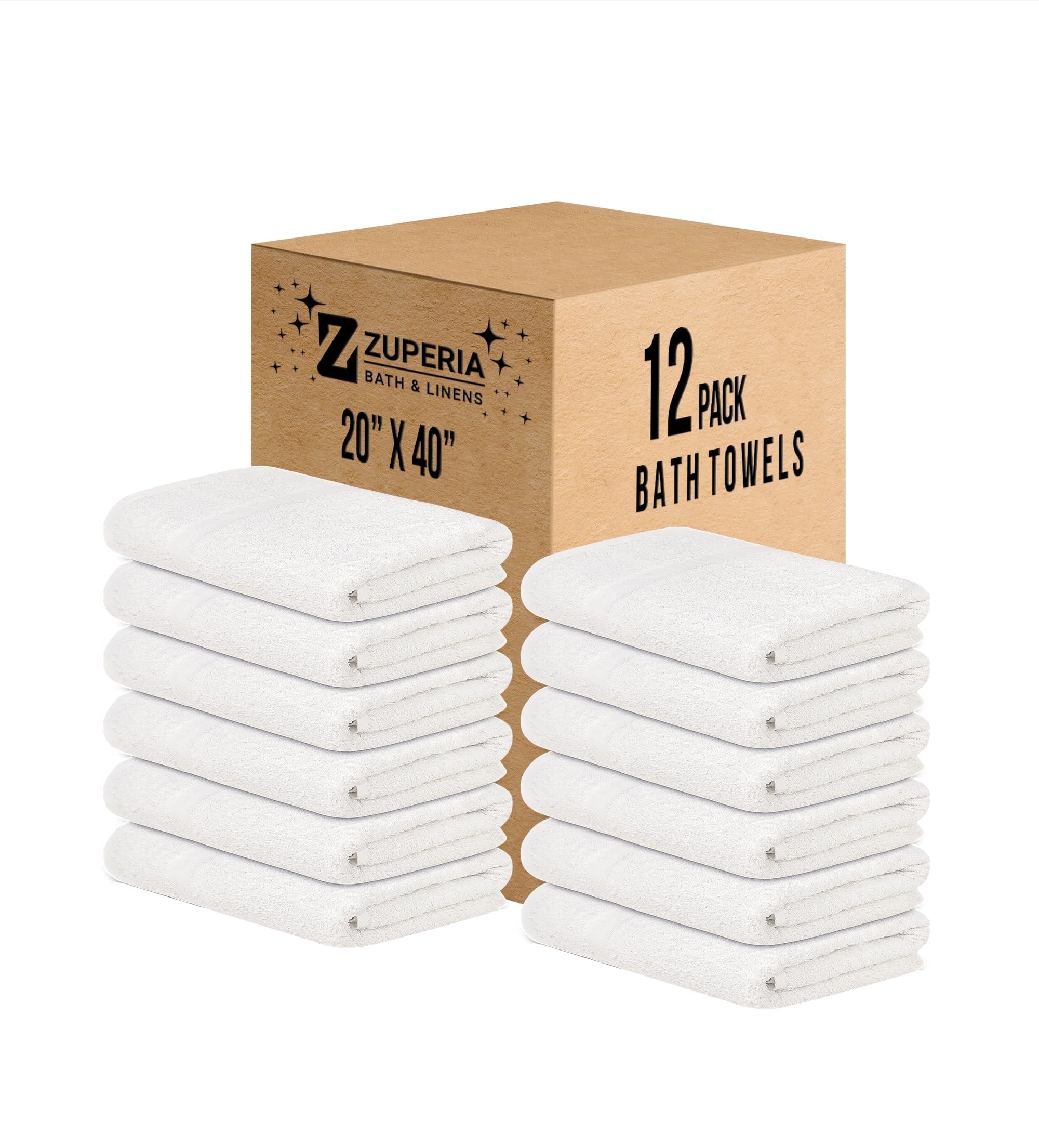 ZUPERIA White Bath Towels, 12-Pack (20x40), 100% Cotton, Lightweight, Quick-Dry, Soft & Absorbent, Ideal for Hotels, Gyms & Commercial Use