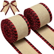 Zupora 2 Rolls Buffalo Plaid Wired Edge Ribbons Christmas Burlap Fabric Craft Ribbon Wrapping Ribbon Rolls with Checkered Edge Christmas Wired Edge Ribbon, Christmas Linen Plaid Wrap Ribbon