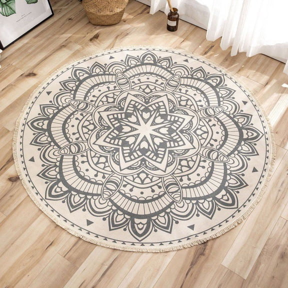 Zupora Bohemian Round Area Rug for Living Room Bedroom, Machine Washable, Cotton Soft Circle Carpet with Mandala Boho Floral Pattern & Tassels Fringe, Chic Indoor Floor Mat, 3 ft