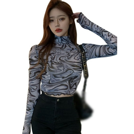 Zupora Women Crop Top Mock Turtle Neck Stand Collar Tie Dye Ruffle Silm Fit Tulle Long Sleeves Tee Shirts Causal Fitted Sexy Fashion Blouses Club Party, Gray, One Size