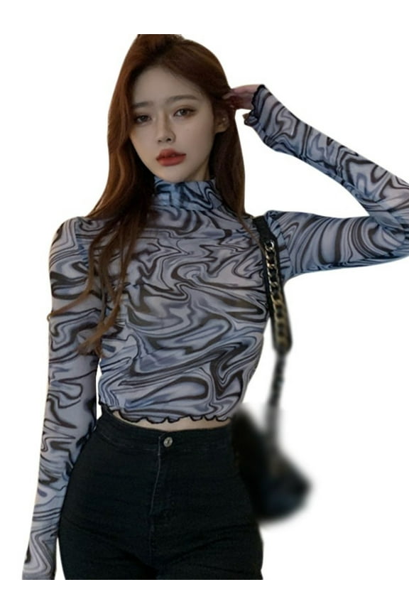 Women Crop Top Mock Turtle Neck Stand Collar Tie Dye Ruffle Silm Fit Tulle Long Sleeves Tee Shirts Causal Fitted Sexy Fashion Blouses Club Party, Gray, One Size