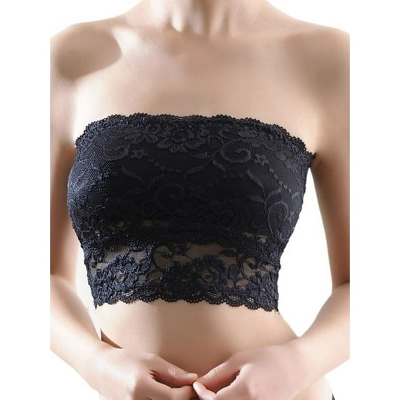 Zupora Women's Bandeau Soft Comfy Stretch Floral Lace Strapless Seamless Tube Top Crop Top Wrap Bras, Black White, One Size