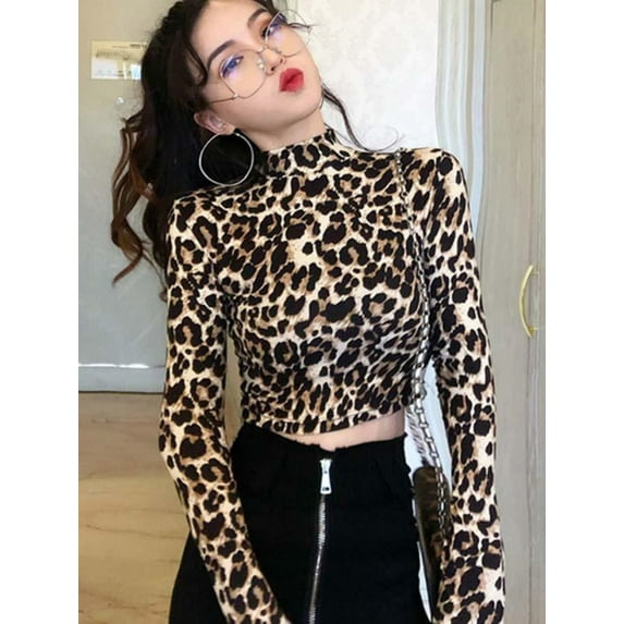 Zupora Women's Crop Top Leopard Zebra Print Slim Fit Turtle Neck Long Sleeve Blouse Sexy Casual Fashion Pullover Tee Shirt Going Out Party, One Size