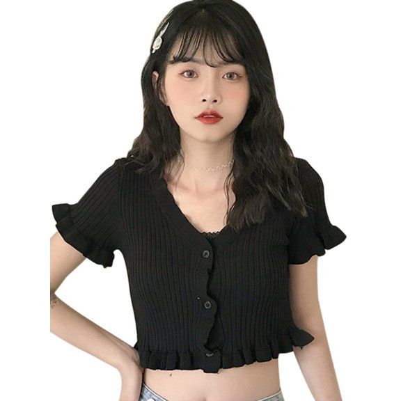 Zupora Women's Crop Top V Neck Knit Slim Fit Solid Color Ribbed Short Flounce Sleeve Ruched Blouse Casual Sexy Fashion Tee Shirt Cardigan Summer Going Out Party, One Size
