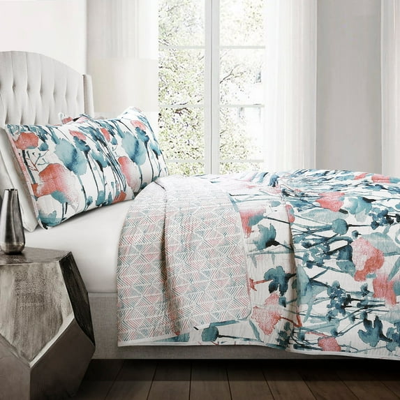 Zuri Flora Quilt Blue/Coral 3Pc Set King