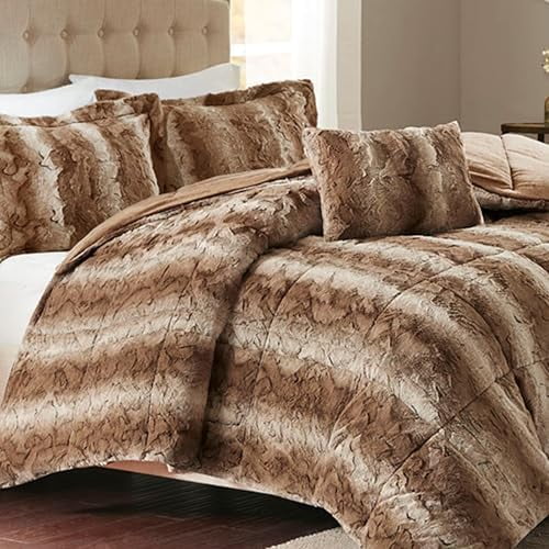 Zuri Soft Plush Comforter Set, Faux Fur Animal Stripes Design, Faux Mink On The Reverse, Modern All Season Bedding Set with Matching Sham, King, Tan 4 Piece