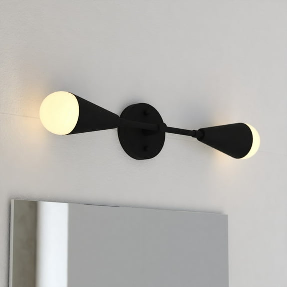 Zurich 2-Light 18 in. Wide Matte Black Modern Contemporary Wall Sconce with Metal Cone Shade, Dimmable, LED Compatible, Bathroom Vanity Lighting Fixture, Vertical or Horizontal Mount Bath Bar